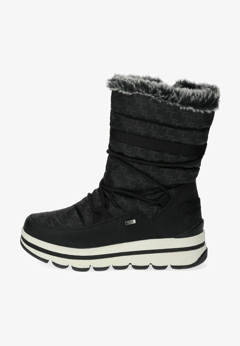 Bottes noires imperméables avec une tige texturée, un revers en fausse fourrure, des détails élastiques et une épaisse semelle blanche pour l'isolation et le soutien.