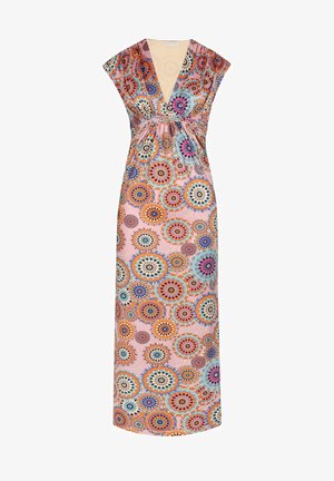 Maxikleid aus leichtem Stoff in Pink mit bunten, runden Blumenmustern. Mit tiefem V-Ausschnitt und kurzen Ärmeln.