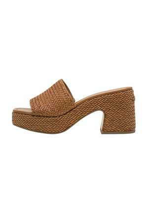 Sandale maro cu platformă, împletite, cu o curea lată și toc gros. Material texturat și design cu vârf rotund, având o platformă stabilă, stratificată.