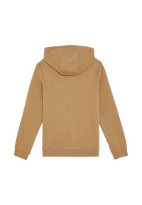 Brun huva sweatshirt med en mjuk textur, med långa ärmar, en känguruficka och ribbade fållar och manschetter. Bakåtblick visas.