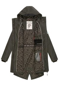 Green waterproof jacket featuring a hood, drawstring, and floral print lining. Multiple interior pockets, branded accent sections, and snap closures.