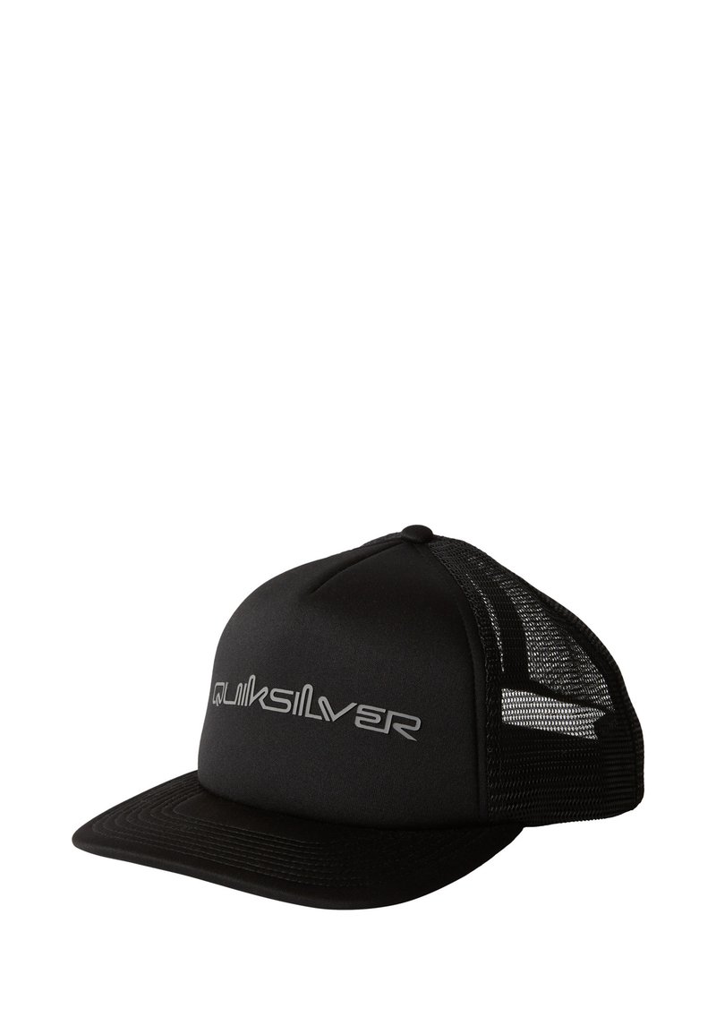 Black trucker cap with a molded front, mesh side panels, and a curved brim. Features white "Quiksilver" logo on the front.
