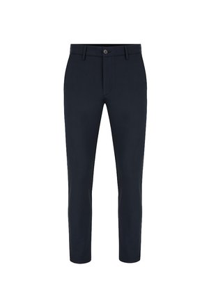 Granatowe chinosy o slim fit, wykonane z tkaniny bawełnianej. Posiadają frontowe kieszenie oraz pojedyncze zapięcie na guzik w pasie.