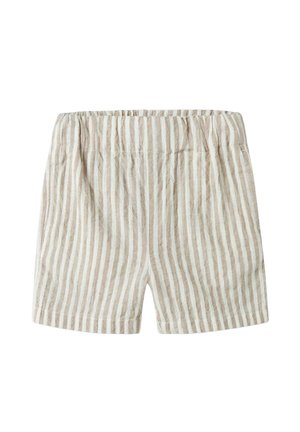 Beige og hvite vertikale stripebukser med elastisk liv, laget av lett teksturert stoff.