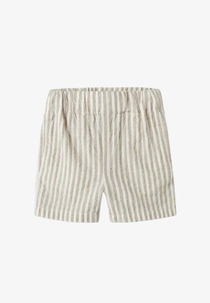 Shorts rayés verticaux beiges et blancs avec une taille élastique, fabriqués en tissu texturé léger.