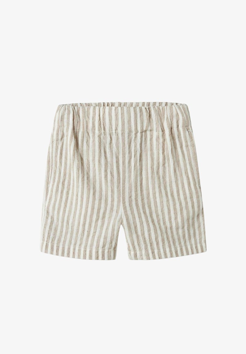 Shorts rayés verticaux beiges et blancs avec une taille élastique, fabriqués en tissu texturé léger.