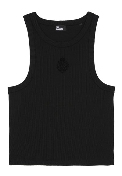Zwarte geribde tanktop met een ronde halslijn en brede armsgaten. Bevat een subtiele reliëflogo op de borst. Gemaakt van een katoenmix.
