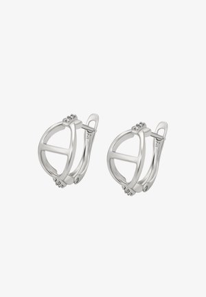 Orecchini a cerchio in argento con un design geometrico aperto e punti luce di pietre preziose chiare sulla parte superiore, finitura liscia e un sistema di chiusura sicuro.