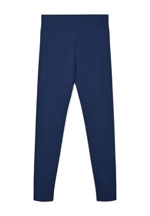Leggings blu navy realizzati in tessuto elastico, con un alto punto vita e una superficie liscia, senza motivi visibili o accessori.