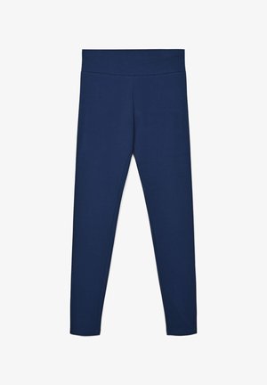 Leggings blu navy realizzati in tessuto elastico, con un alto punto vita e una superficie liscia, senza motivi visibili o accessori.