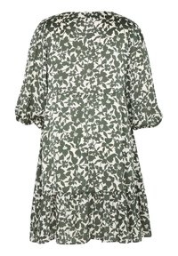 Robe fleurie verte avec un motif de feuilles blanches, manches courtes bouffantes et jupe à volants. Conçue en tissu léger.