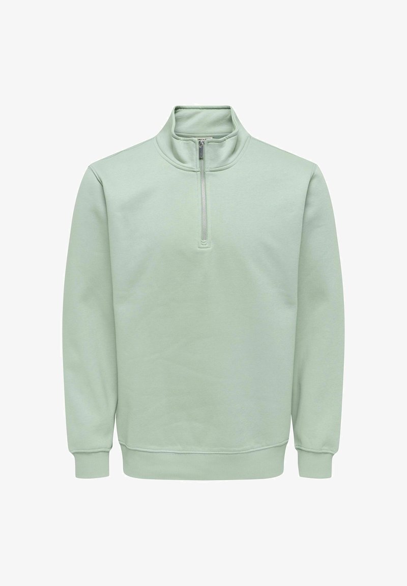 Lysegrøn pullover sweatshirt med høj hals og lynlås foran. Fremstillet af blødt stof med ribstrikkede manchetter og en afslappet pasform.