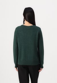 Femme aux longs cheveux foncés portant un pull en tricot vert foncé et un pantalon noir, debout dos à la caméra sur un fond blanc.