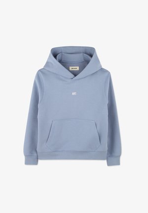 Lichtblauwe hoodie met een voorzak, ribbelboorden en een geribbelde zoom. Kenmerkt zich door de opdruk "ART" in het wit op de borst. Zachte textuur, casual ontwerp.