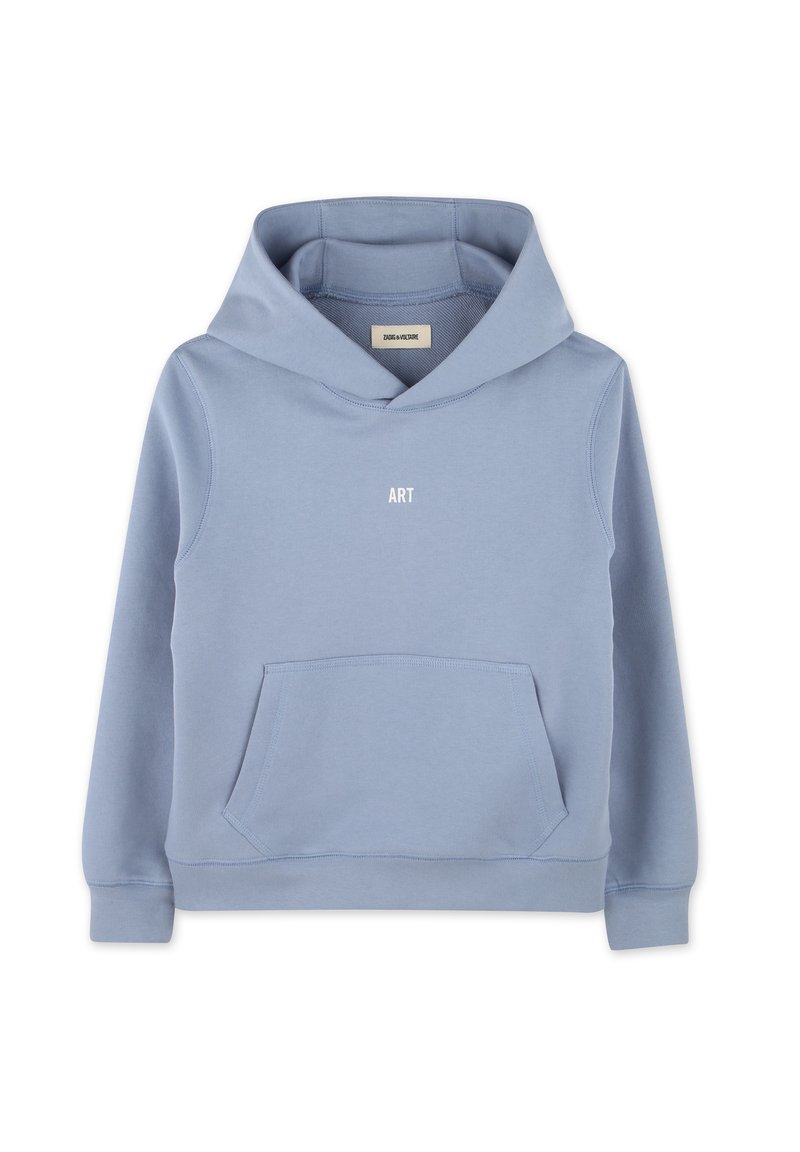 Lichtblauwe hoodie met een voorzak, ribbelboorden en een geribbelde zoom. Kenmerkt zich door de opdruk "ART" in het wit op de borst. Zachte textuur, casual ontwerp.
