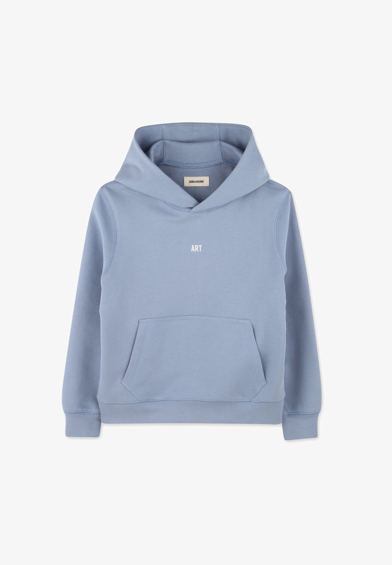 Lichtblauwe hoodie met een voorzak, ribbelboorden en een geribbelde zoom. Kenmerkt zich door de opdruk "ART" in het wit op de borst. Zachte textuur, casual ontwerp.