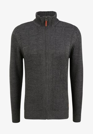 Hallide harjatud tekstuuriga kõrge kaelusega hall kampsun, millel on lukuga sulgemine ja soonikkoes detailid varruka otsades ning hemil.