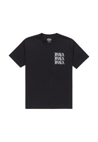 Sort bomulds T-shirt med hvid lodret tekstdesign på venstre bryst. Rund halsudskæring og korte ærmer. Glat tekstur.