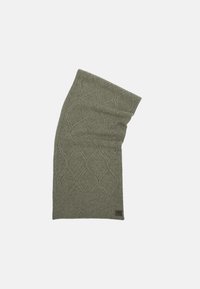 Scarf lavorato a maglia in verde oliva con motivi a diamante e orlo a costine. Presenta una piccola etichetta con logo sul lato, realizzato in morbido materiale testurizzato.