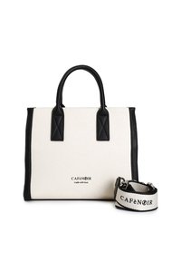 Torba płócienna z czarnymi skórzanymi akcentami, prostokątny kształt, podwójne uchwyty, odczepiany pasek oraz logo nadrukowane z przodu w minimalistycznym designie.