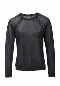 Dunkelgrauer Langarmpullover mit Rundhalsausschnitt und dekorativen silbernen Knöpfen entlang der Schulternähte.