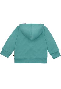 Felpa con cappuccio color teal, dal tessuto morbido, con maniche lunghe e orlo a coste. Include una foderatura colorata all'interno del cappuccio.