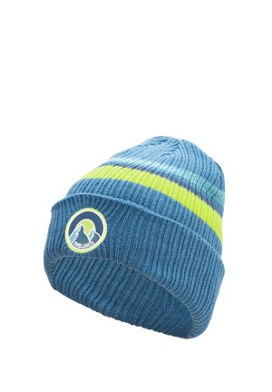 Blue knit beanie with folded brim, featuring green and light blue stripes and a circular mountain logo patch on the front.