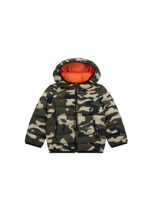 Giacca a vento camouflage con cappuccio, caratterizzata da un motivo verde scuro, beige e nero, con un interno arancione. Tasche davanti con zip.