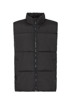 Czarna kamizelka puchowa z wysokim kołnierzem, przednim zamkiem błyskawicznym i dwiema bocznymi kieszeniami. Posiada pikowaną strukturę i ocieplane panele dla lepszej izolacji.
