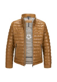 Braune, gesteppte Lederjacke mit hohem Kragen und Reißverschluss vorne. Besticht durch eine gerippte Textur und ein kontrastierendes graues Futter mit Logodetail.