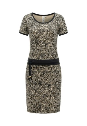 Beżowa sukienka z krótkim rękawem z czarnym nadrukiem motyli, czarną lamówką na rękawach i dekolcie oraz czarnym paskiem w talii z suwakiem.