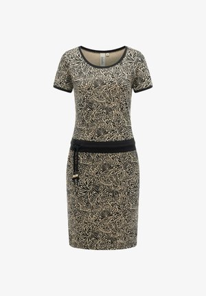 Beige kjole med korte ærmer og sort sommerfuglemønster, sort kant på ærmer og halsudskæring samt sort taljebånd med snørre.