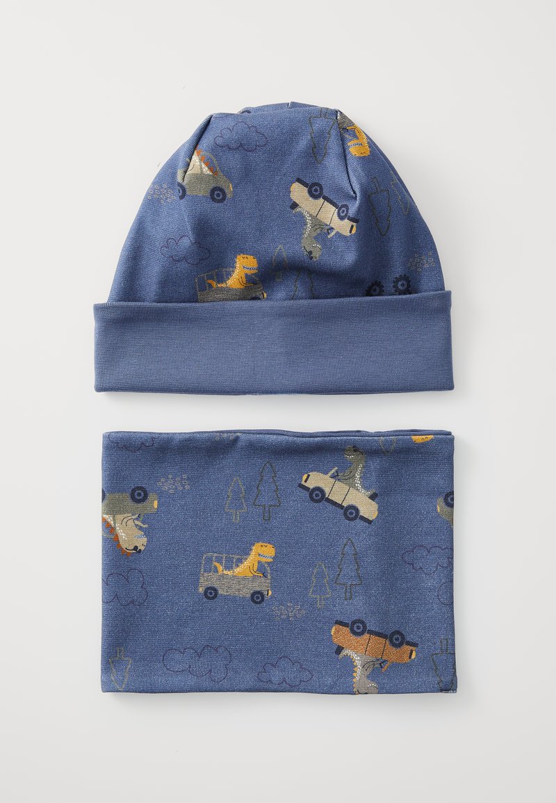 Blue cotton hat and neck gaiter set featuring playful dinosaur and vehicle patterns. Soft texture with cuffed design for the hat.