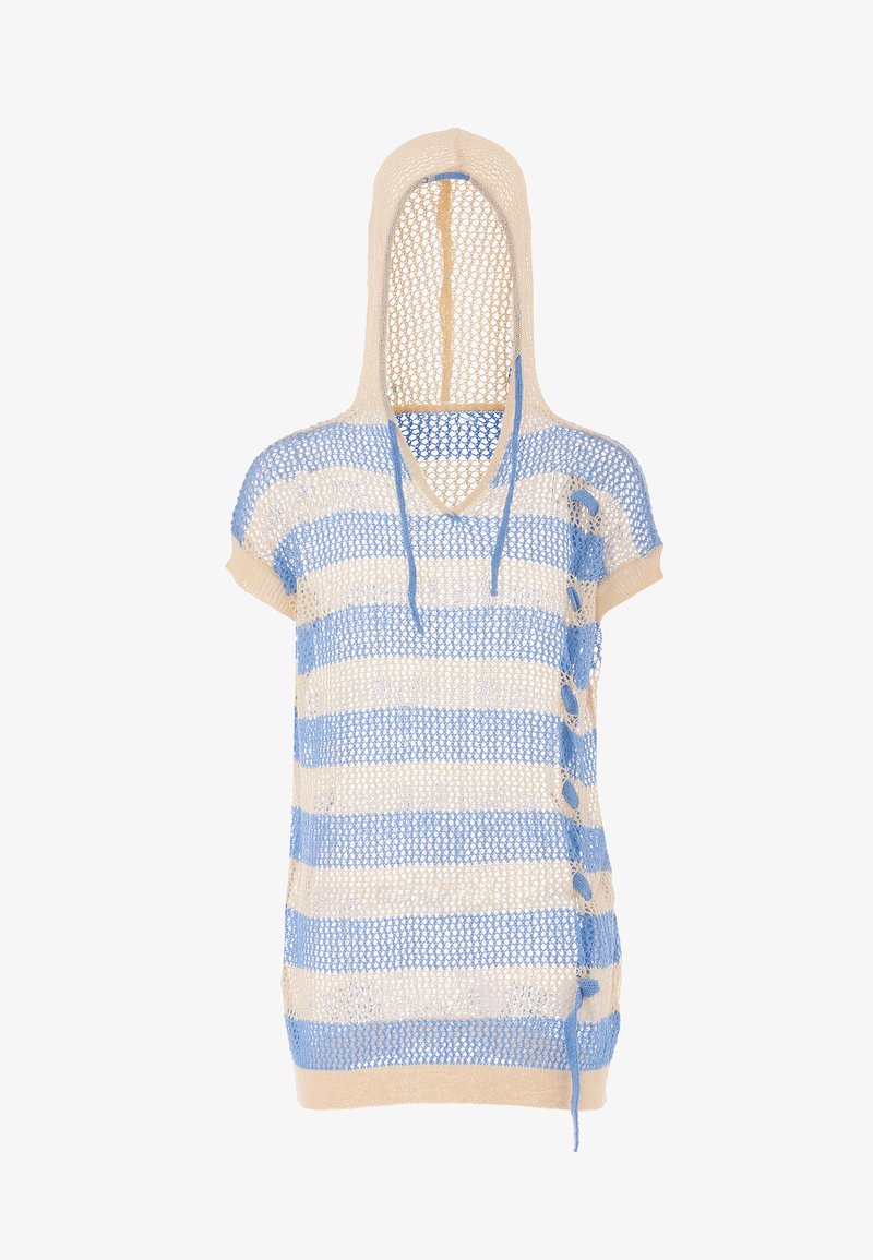 Sudadera de punto con capucha y corte holgado, con rayas horizontales en azul y beige, mangas cortas y detalles de botones en el lateral.