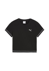 Črna skrajšana majica s kratkimi rokavi in rebrasto teksturo, okroglo vratno izreza. Ima belo Puma logo in kontrastne črte na rokavih.