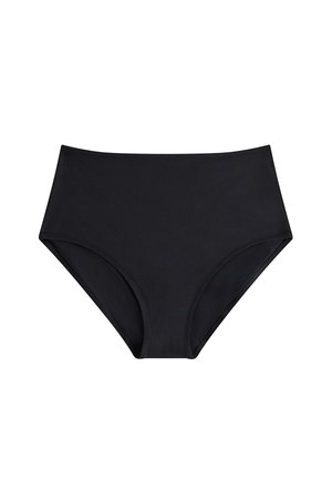 Sorte bikinibukser med høj talje, glat og sømløst design samt diskret udskæring på hvid baggrund.