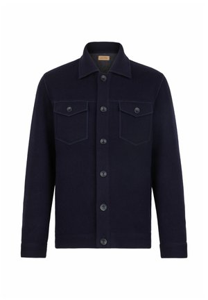 Hemdjacke aus marineblauem Wollstoff mit durchgehender Knopfleiste, zwei Brusttaschen und einem klassischen Kragen mit Knopfmanschetten.