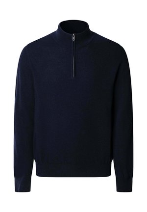 Marineblauerzip-up Pullover aus weichem Strickstoff, mit hohem Kragen und langen Ärmeln, die mit gerippten Bündchen und Saum versehen sind.