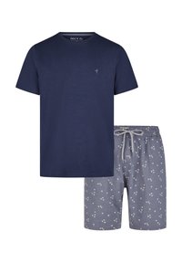 Navyblauwe katoenen t-shirt met ronde hals en klein logo; grijze shorts met lichte bloemenprint, elastische tailleband en strikkoord.