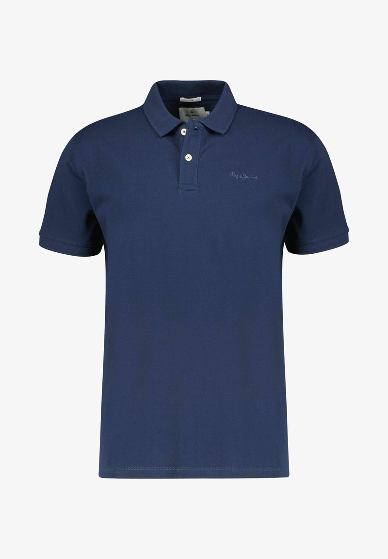 Polo bleu marine à manches courtes avec deux boutons blancs, col et logo brodé discret sur le côté gauche de la poitrine.