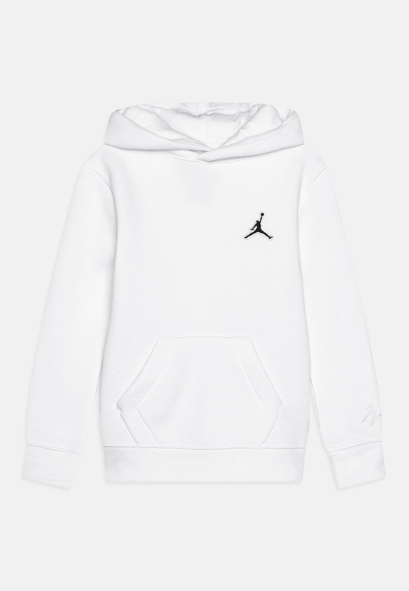 Sudadera blanca hecha de un tejido suave, con un bolsillo canguro, capucha con cordón, y un logo de Jumpman negro en el pecho.