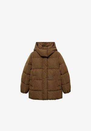 Jachetă puffer maro cu glugă, având o formă pătrată, cusături orizontale, două buzunare frontale și un finisaj texturat, neted.