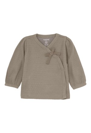 Taupe-farbene, gerippte Babykreuzbluse mit langen Ärmeln, Druckknöpfen und einer kleinen Stoffschleife auf der Brust, Größe 56 für 1-2 Monate.