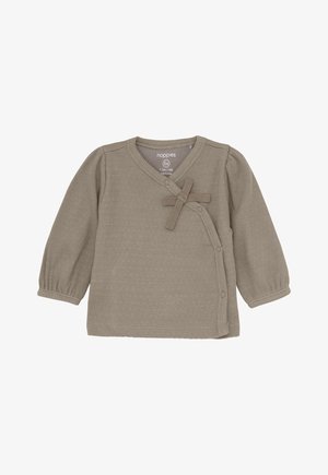 Beżowy, prążkowany, długi rękaw, dziecięcy klasyczny top z zapięciem na napy i małą kokardką z materiału na piersi, rozmiar 56 dla dziecka w wieku 1-2 miesiące.