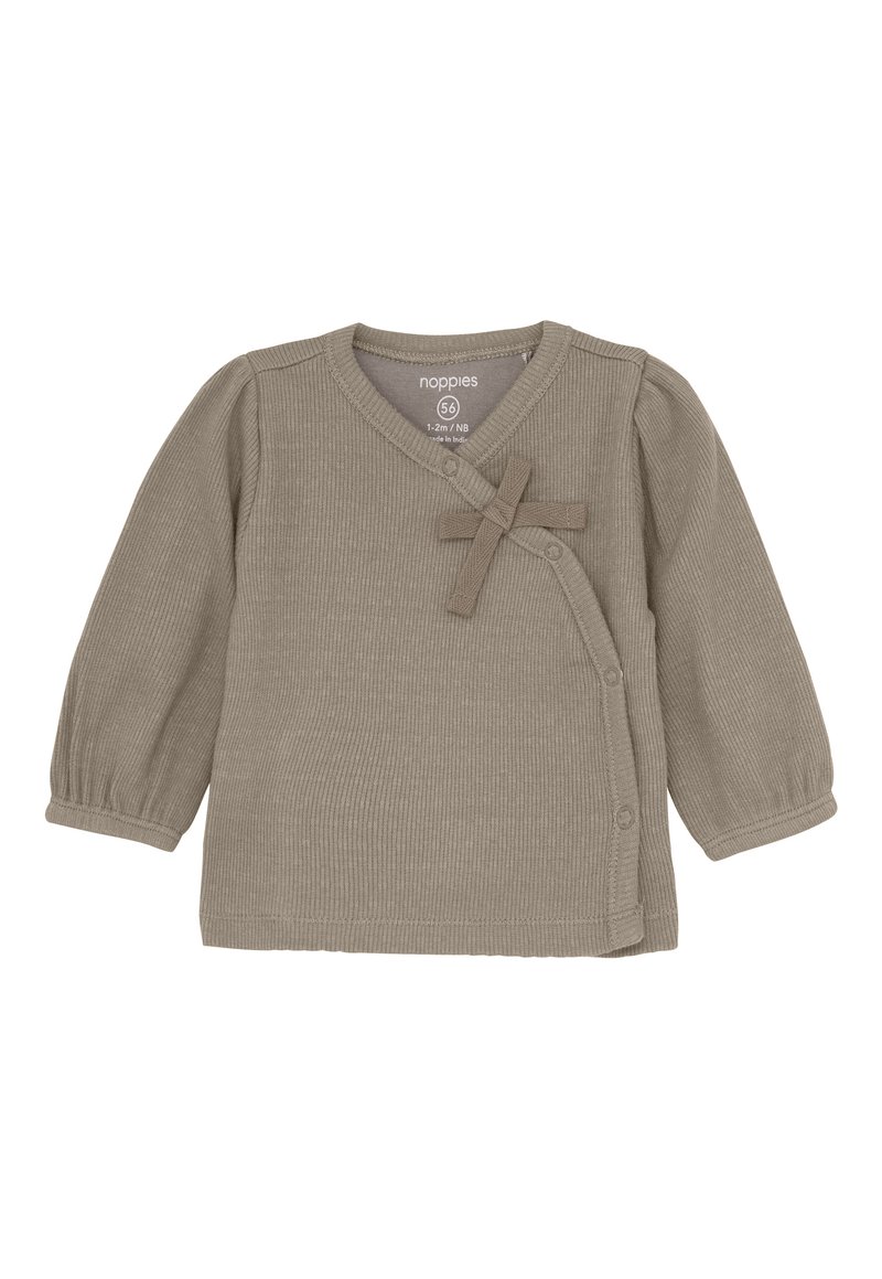 Taupe geribbelde langemouw baby wikkelshirt met drukknoopjes en een kleine stoffen strik op de borst, maat 56 voor 1-2 maanden.