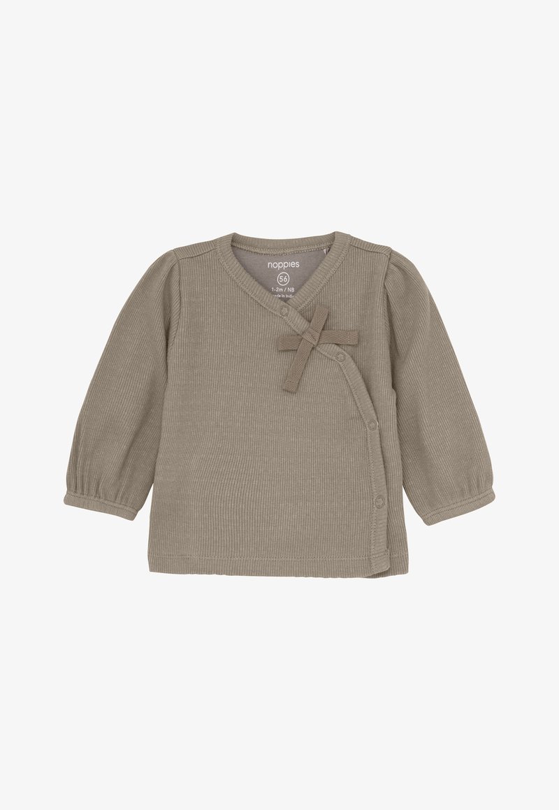 Taupe ribbed long-sleeve baby wrap top with snap buttons and a small fabric bow on the chest, size 56 for 1-2 months.
