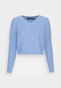 Ljust blått kort tröja med v-ringning och texturerad, fluffig tyg med ett mönstrat design och långa ärmar.