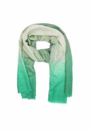 Sciarpa ombre verde con una sfumatura da chiaro a scuro, caratterizzata da delicati glitter. Realizzata in tessuto morbido con bordi sfrangiati.