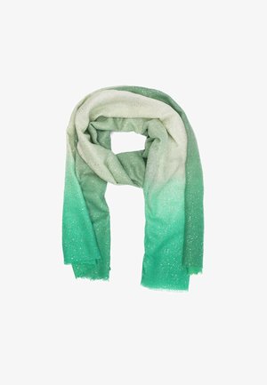 Sciarpa ombre verde con una sfumatura da chiaro a scuro, caratterizzata da delicati glitter. Realizzata in tessuto morbido con bordi sfrangiati.
