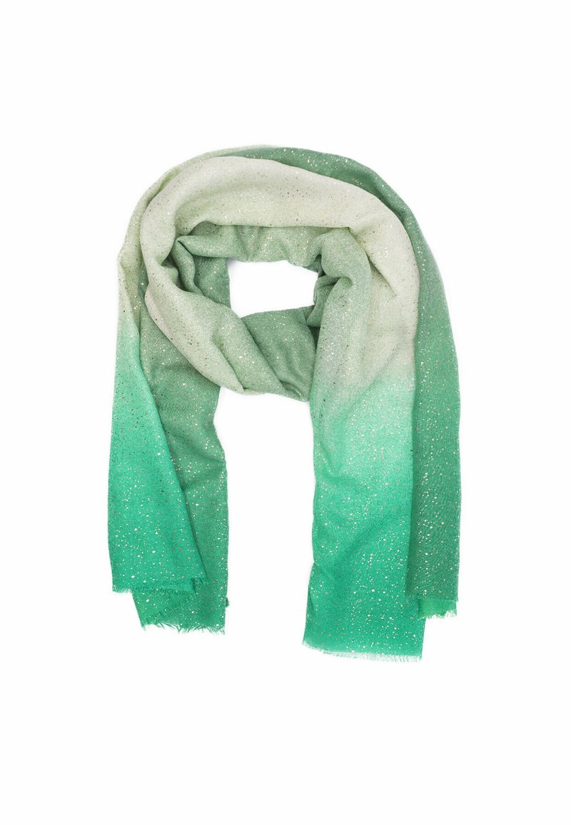 Sciarpa ombre verde con una sfumatura da chiaro a scuro, caratterizzata da delicati glitter. Realizzata in tessuto morbido con bordi sfrangiati.